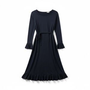 Vintage 1970 I. MAGNIN Navy Blue Jersey Knit Ruffles Buttons Day Dress Women M